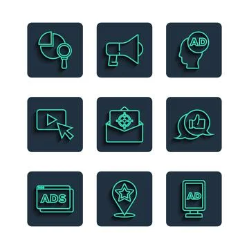 Set line Advertising, Map pointer with star, Mail and e-mail, Magnifying glass Stock Illustration