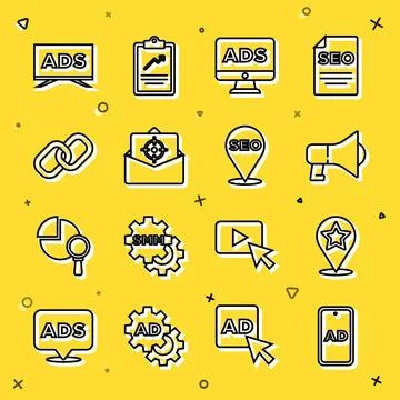 Set line Advertising, Map pointer with star, Megaphone, Mail and e-mail, Chain Stock Illustration