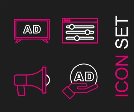 Set line Advertising, Megaphone, Browser setting and  icon. Vector 스톡 일러스트