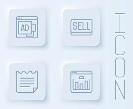 Set line Advertising, Sell button, Notebook and Browser with stocks market Illustrazione stock