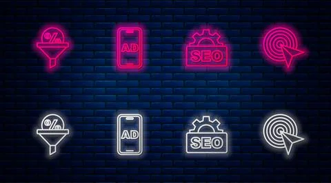 Set line Advertising, SEO optimization, Lead management and Target. Glowing neon Stock Illustration