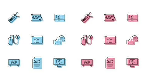 Set line Advertising, SEO optimization, Monitor with star, Customer product 스톡 일러스트