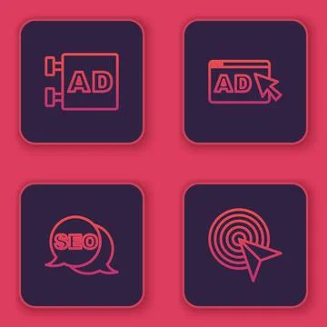 Set line Advertising, SEO optimization, and Target. Blue square button. Vector イラスト素材