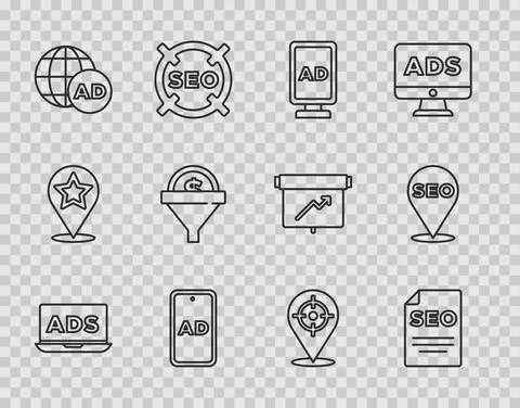 Set line Advertising, SEO optimization, Lead management, Target sport and icon イラスト素材