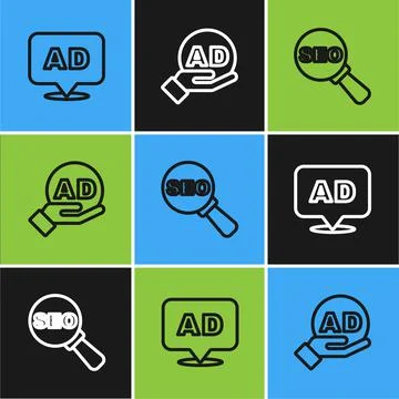 Set line Advertising, SEO optimization and icon. Vector Stock Illustration