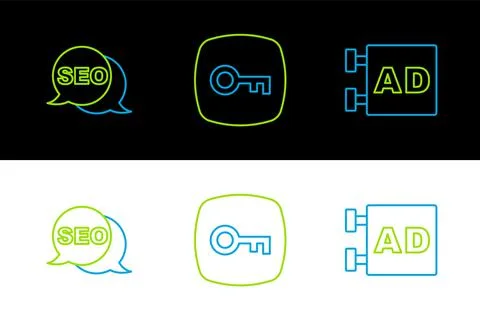 Set line Advertising, SEO optimization and Key icon. Vector Stock Illustration