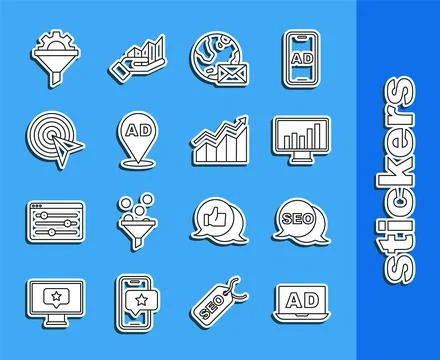 Set line Advertising, SEO optimization, Monitor with graph chart, Earth globe Illustrazione stock