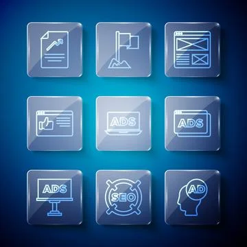 Set line Advertising, SEO optimization, Browser window, Document with graph c 스톡 일러스트