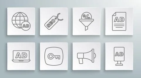 Set line Advertising, SEO optimization, Key, Megaphone, Lead management,  and Illustrazione stock