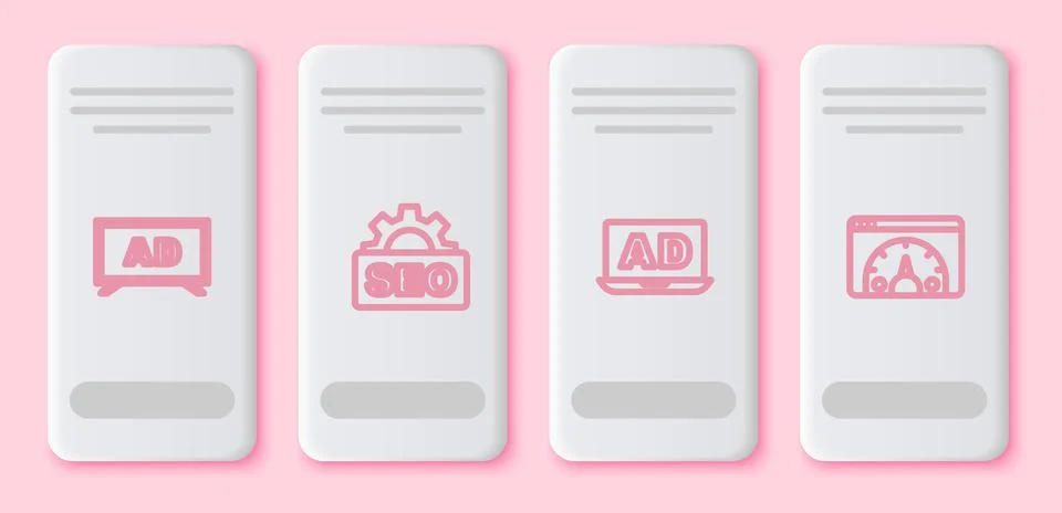 Set line Advertising, SEO optimization,  and Website statistic. White rectang Illustrazione stock