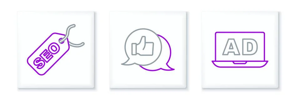 Set line Advertising, SEO optimization and Customer product rating icon. Vector Stock Illustration