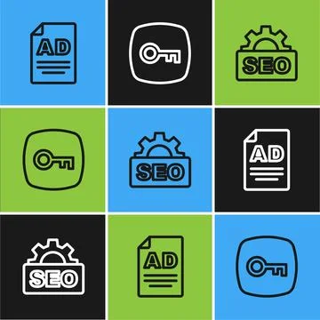 Set line Advertising, SEO optimization and Key icon. Vector Stockillustratie