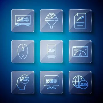 Set line Advertising, SEO optimization, Document with graph chart, Computer Stock Illustration