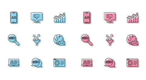 Set line Advertising, SEO optimization, Browser setting, Lead management, Earth Stock Illustration