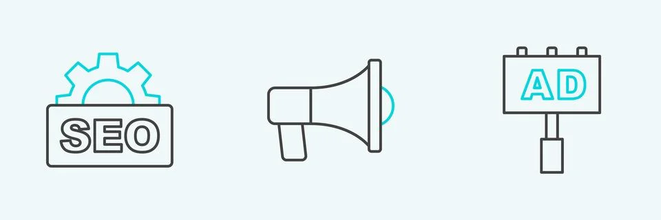 Set line Advertising, SEO optimization and Megaphone icon. Vector Stockillustratie