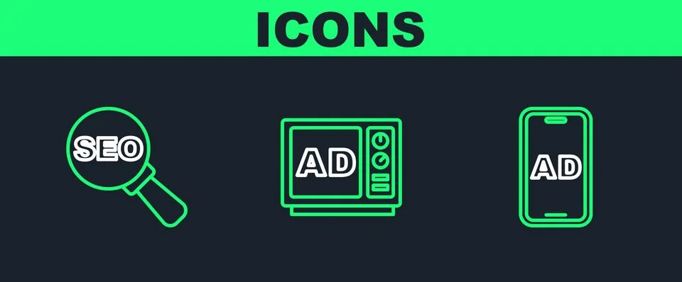 Set line Advertising, SEO optimization and  icon. Vector Illustrazione stock