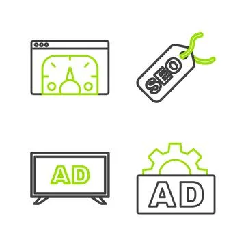 Set line Advertising, SEO optimization and Website statistic icon. Vector Illustrazione stock