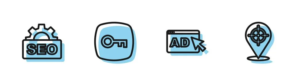 Set line Advertising, SEO optimization, Key and Target icon. Vector Illustrazione stock