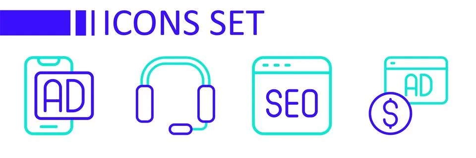 Set line Advertising, SEO optimization, Headphones and  icon. Vector イラスト素材
