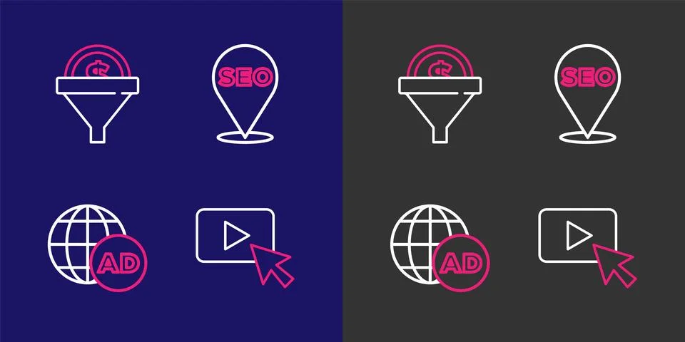 Set line Advertising, SEO optimization and Lead management icon. Vector Stock Illustration