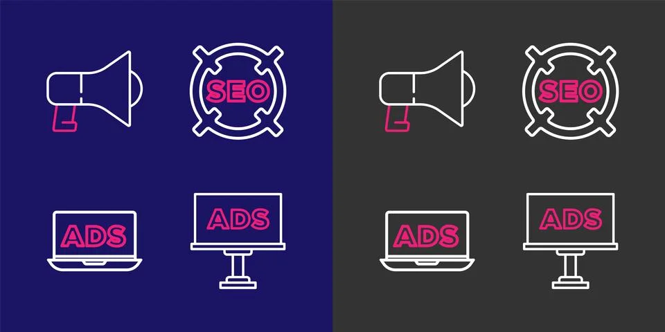 Set line Advertising, SEO optimization and Megaphone icon. Vector Illustrazione stock