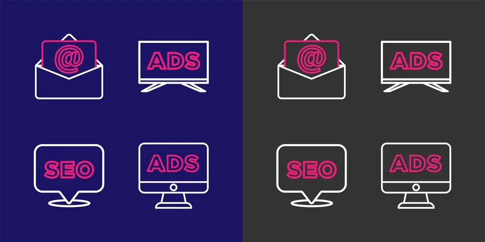 Set line Advertising, SEO optimization,  and Mail and e-mail icon. Vector Illustrazione stock