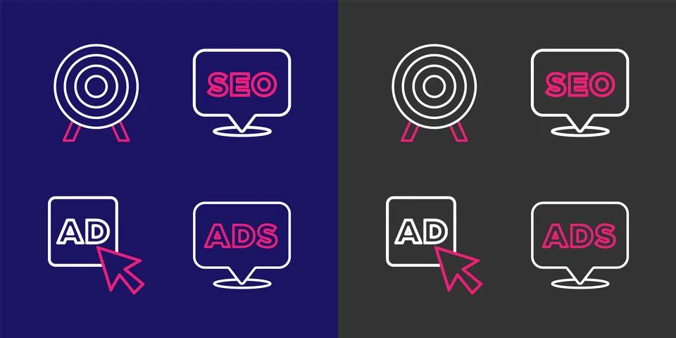 Set line Advertising, SEO optimization and Target sport icon. Vector Illustrazione stock
