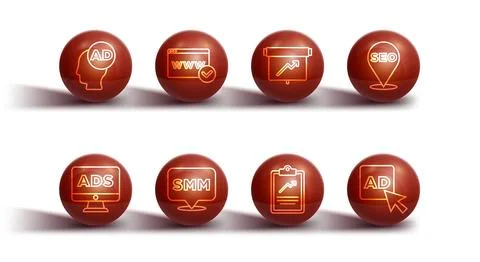 Set line Advertising, SEO optimization, Clipboard with graph chart, Social .. Illustrazione stock