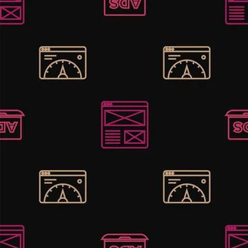 Set line Advertising, Website statistic and Browser window on seamless pattern Illustrazione stock