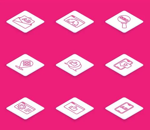 Set line Advertising, Website statistic, SEO optimization, Target, Customer Stock Illustration