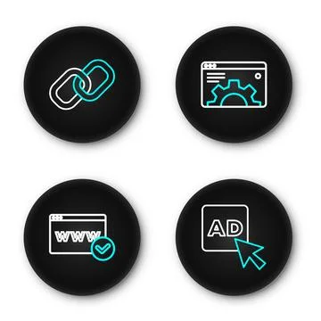 Set line Advertising, Website template, Browser setting and Chain link icon.. Stock Illustration