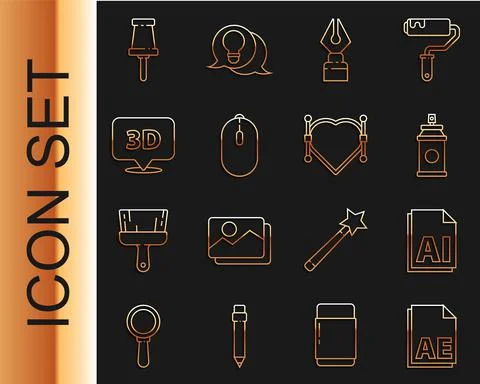 Set line AE file document, AI, Paint spray can, Fountain pen nib, Computer mouse Stock Illustration