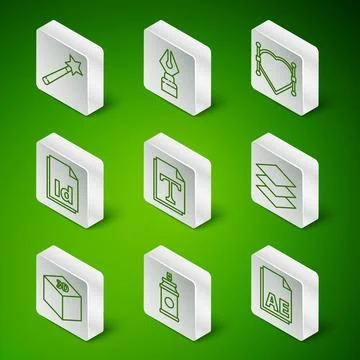 Set line AE file document, Paint spray can, Magic wand, Text, ID File, Foun.. Stock Illustration