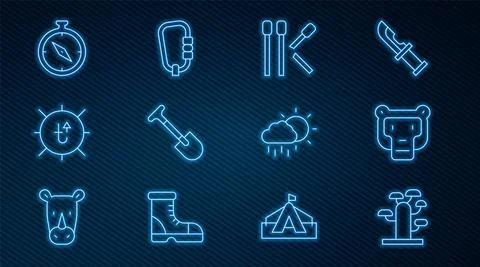 Set line African tree, Monkey, Matches, Shovel, Sun, Compass, Cloud with rain Illustrazione stock
