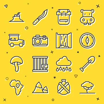 Set line African tree, Shovel, Compass, Hiking backpack, Photo camera, Safa.. Illustrazione stock