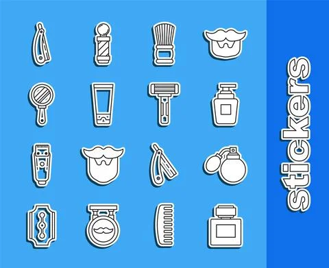Set line Aftershave, bottle with atomizer, Bottle of shampoo, Shaving brush Stock Illustration