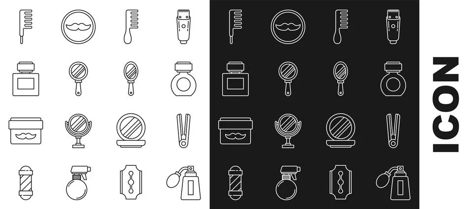 Set line Aftershave bottle with atomizer, Curling iron for hair, Hairbrush, Hand Stock Illustration