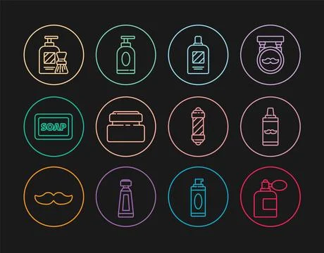 Set line Aftershave bottle with atomizer, Shaving gel foam, Bottle of shampoo Stock Illustration