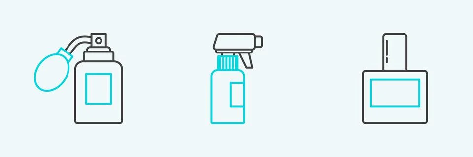 Set line Aftershave, bottle with atomizer and Hairdresser pistol spray icon.. Stock Illustration