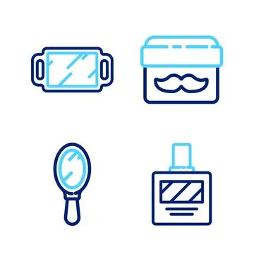 Set line Aftershave, Hand mirror, Cream lotion cosmetic jar and icon. Vector Illustration