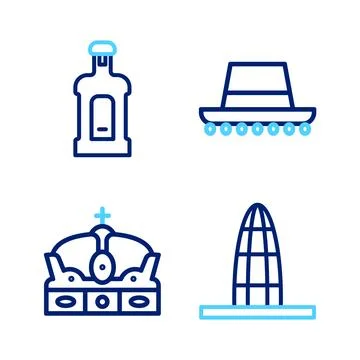 Set line Agbar tower, Crown of spain, Spanish hat and Orujo icon. Vector Ilustración de archivo