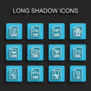 Set line AI file document, PHP, RAW, JS, M3U, EML and MP3 icon. Vector Stock Illustration