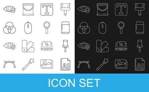 Set line AI file document, Push pin, Eraser or rubber, Text, Computer mouse, RGB Stock Illustration