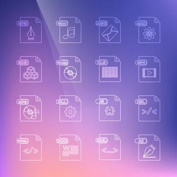 Set line AI file document, XSL, MP4, MSG, WMA, 3DS, EPS and XLS icon. Vector 库存插图