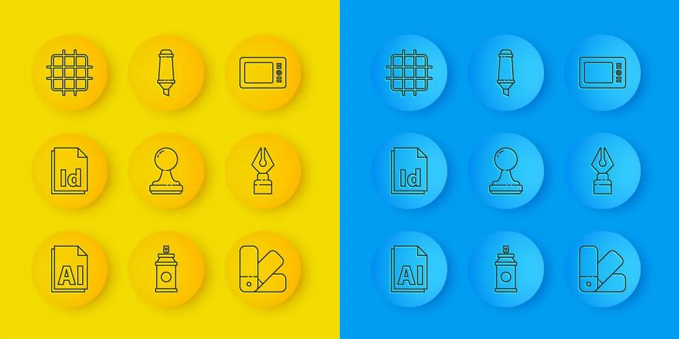 Set line AI file document, ID File, Stamp, Color palette guide, Fountain pen nib Stock Illustration
