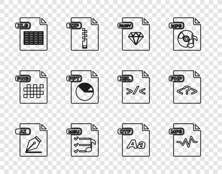Set line AI file document, MP3, RUBY, M3U, XLS, PPT, OTF and PHP icon. Vector 库存插图