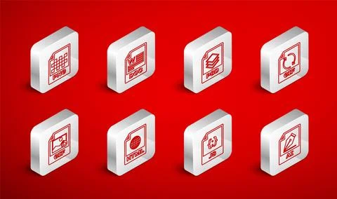 Set line AI file document, DOC, PSD, GIF, JS, PNG, HTML and  icon. Vector 库存插图