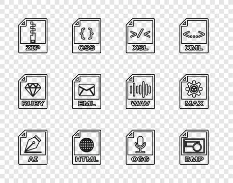 Set line AI file document, BMP, XSL, HTML, ZIP, EML, OGG and MAX icon. Vector Stock Illustration