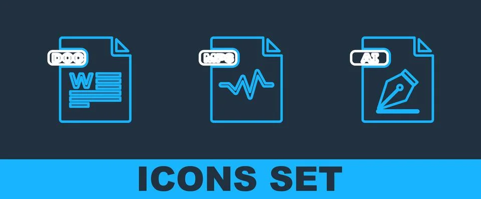 Set line AI file document, DOC and MP3 icon. Vector Stock Illustration