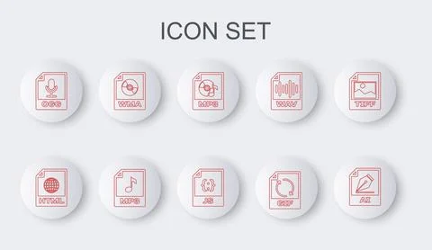 Set line AI file document, HTML, MP3, GIF, OGG, WMA,  and JS icon. Vector Stock Illustration